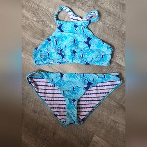 Women's Tropical Blue Leaf Reverdible Bikini Set